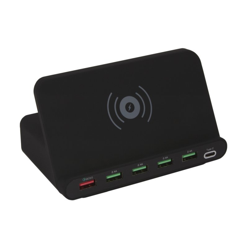 Беспроводное ЗУ для смартфона, QC 3.0, 5 USB портов, 1 USB-C порт (черный)