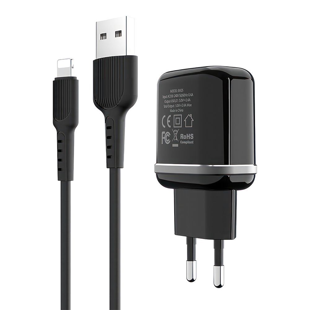 СЗУ BOROFONE BA25A Outstanding 2xUSB, 2.4А + кабель Lightning 8-pin, 1м (черный)