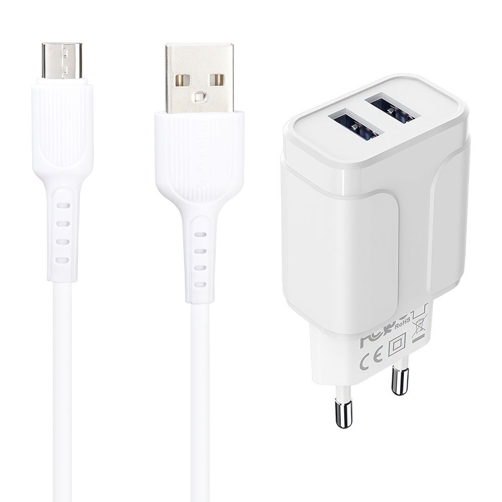СЗУ BOROFONE BA37A Speedy 2xUSB, 2.4А + кабель MicroUSB, 1м (белый)