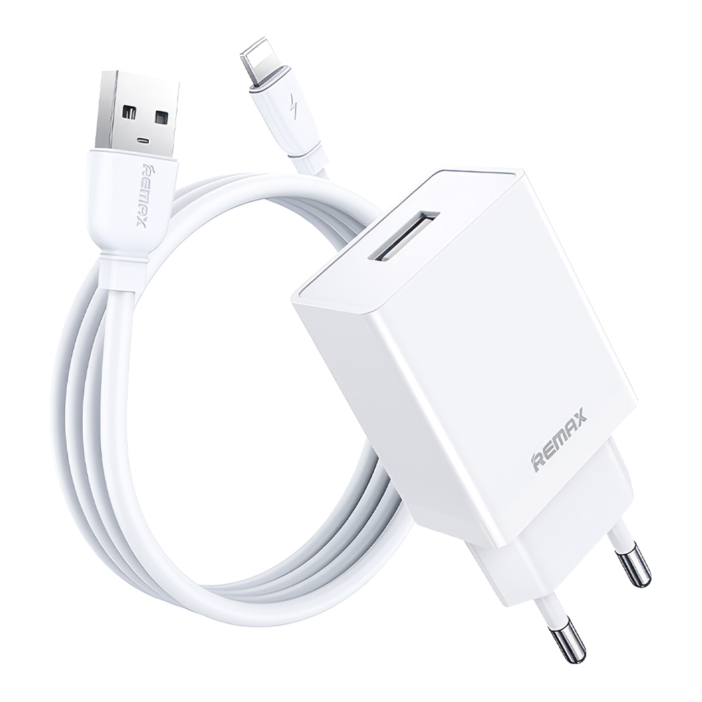 СЗУ REMAX RP-U95 1xUSB, 2.4А + кабель Lightning 8-pin, 1м (белый)