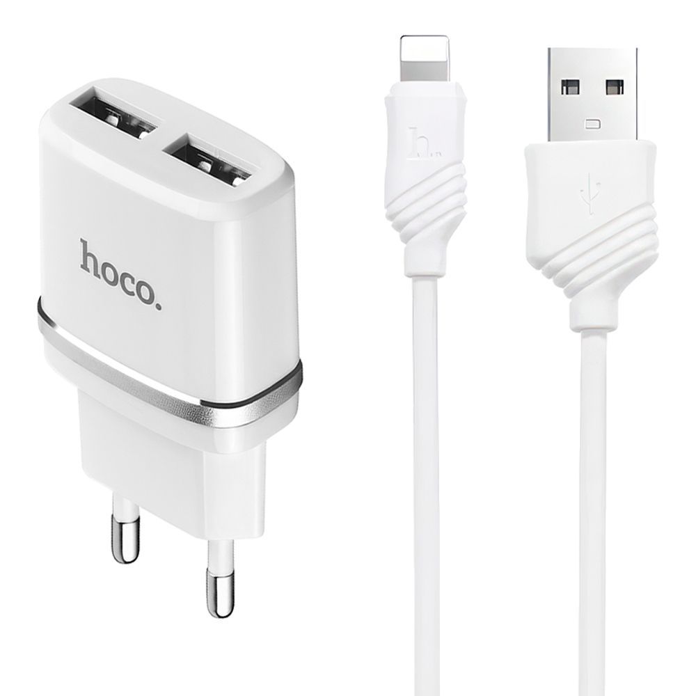 СЗУ HOCO C12 Smart 2xUSB, 2.4А + USB кабель Lightning 8-pin, 1м (белый)