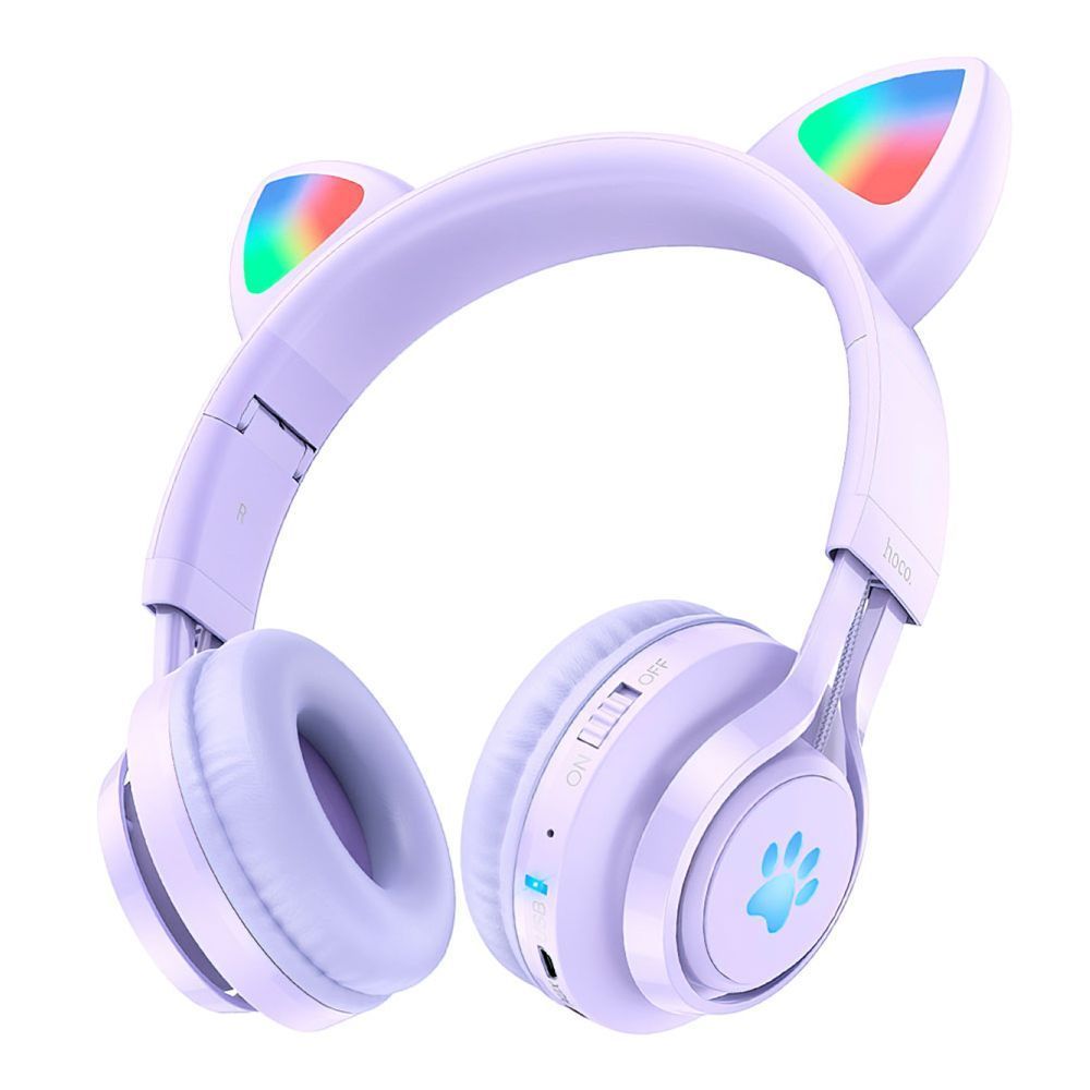 Bluetooth гарнитура HOCO W39 Cat Ear Kids BT 5.3, AUX, накладная, громкость +/-, LED, сиренев мятая