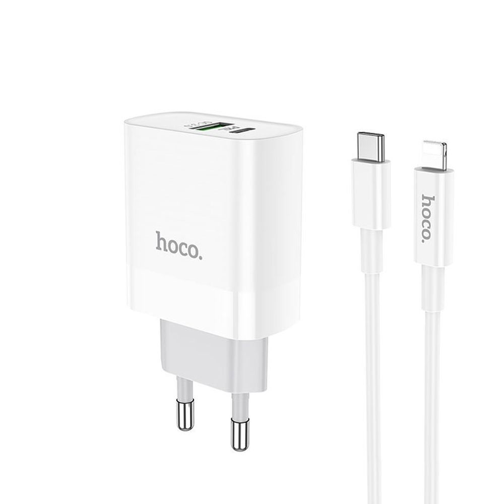 СЗУ HOCO C80A Rapido 1xUSB, 1xUSB-C, 3А, PD20W, QC3.0 + USB-C кабель Lightning 8-pin, 1м (белый)