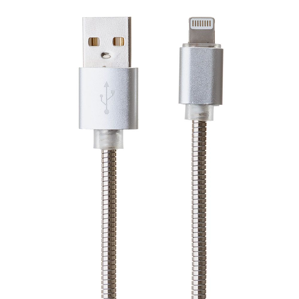 USB кабель "LP" для Lightning 8-pin Металлическая оплетка 1м. (серебряный/европакет)