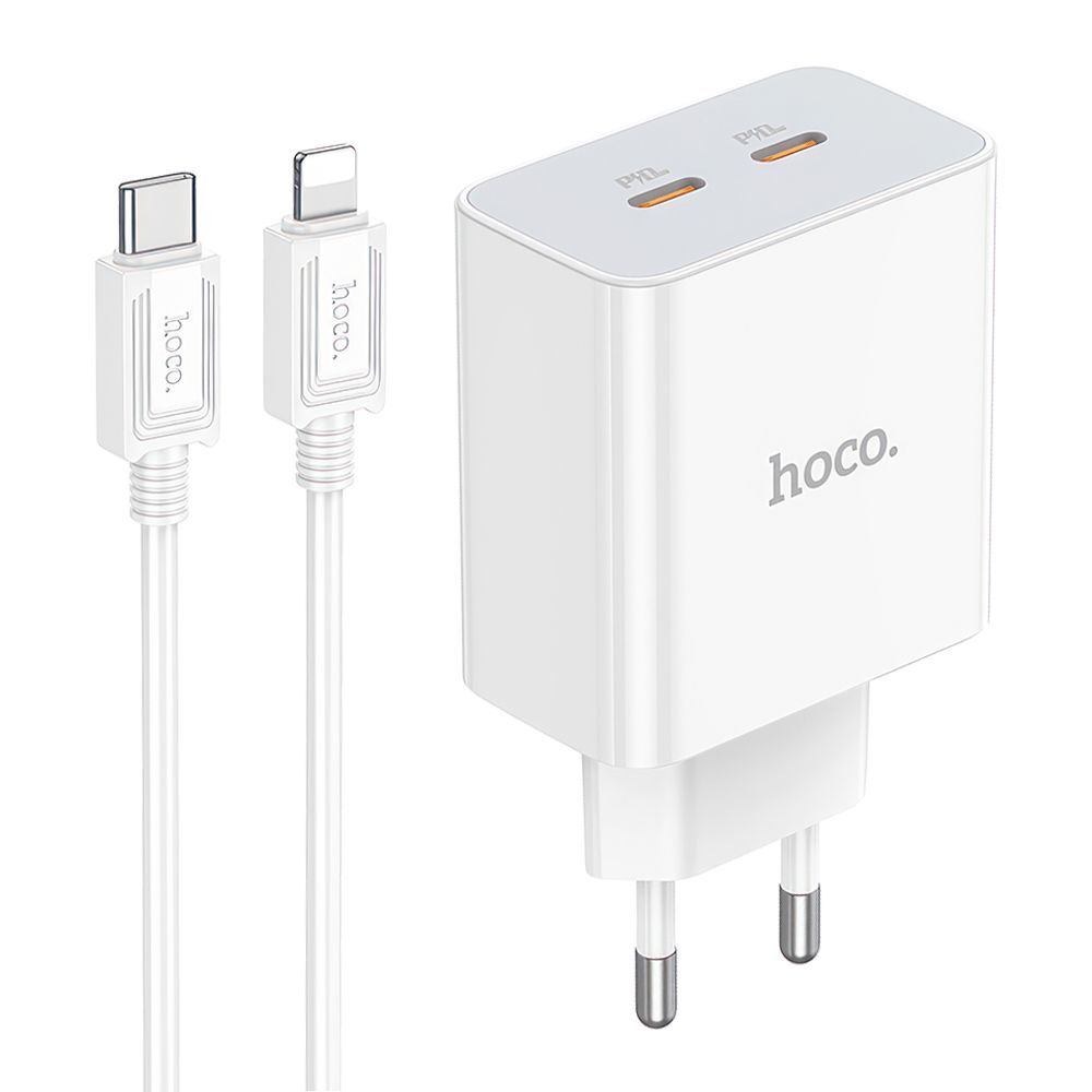 СЗУ HOCO C108A Leader 2xUSB-C, 3А, PD35W, QC3.0, GaN + USB-C кабель Lightning 8-pin, 1 м (белый)