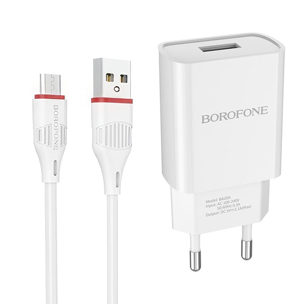 СЗУ BOROFONE BA20A Sharp 1xUSB, 2.1А + кабель MicroUSB, 1м (белый)