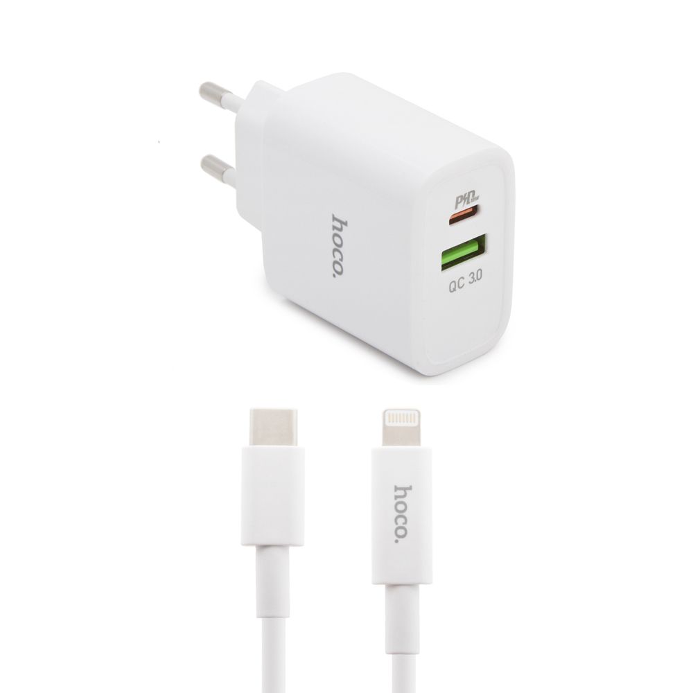 СЗУ HOCO C57A Inteligent Balance 1xUSB, 1xUSB-C, 3А, PD18W, QC3.0 + USB кабель Lightning 8-pin, 1м (белый)