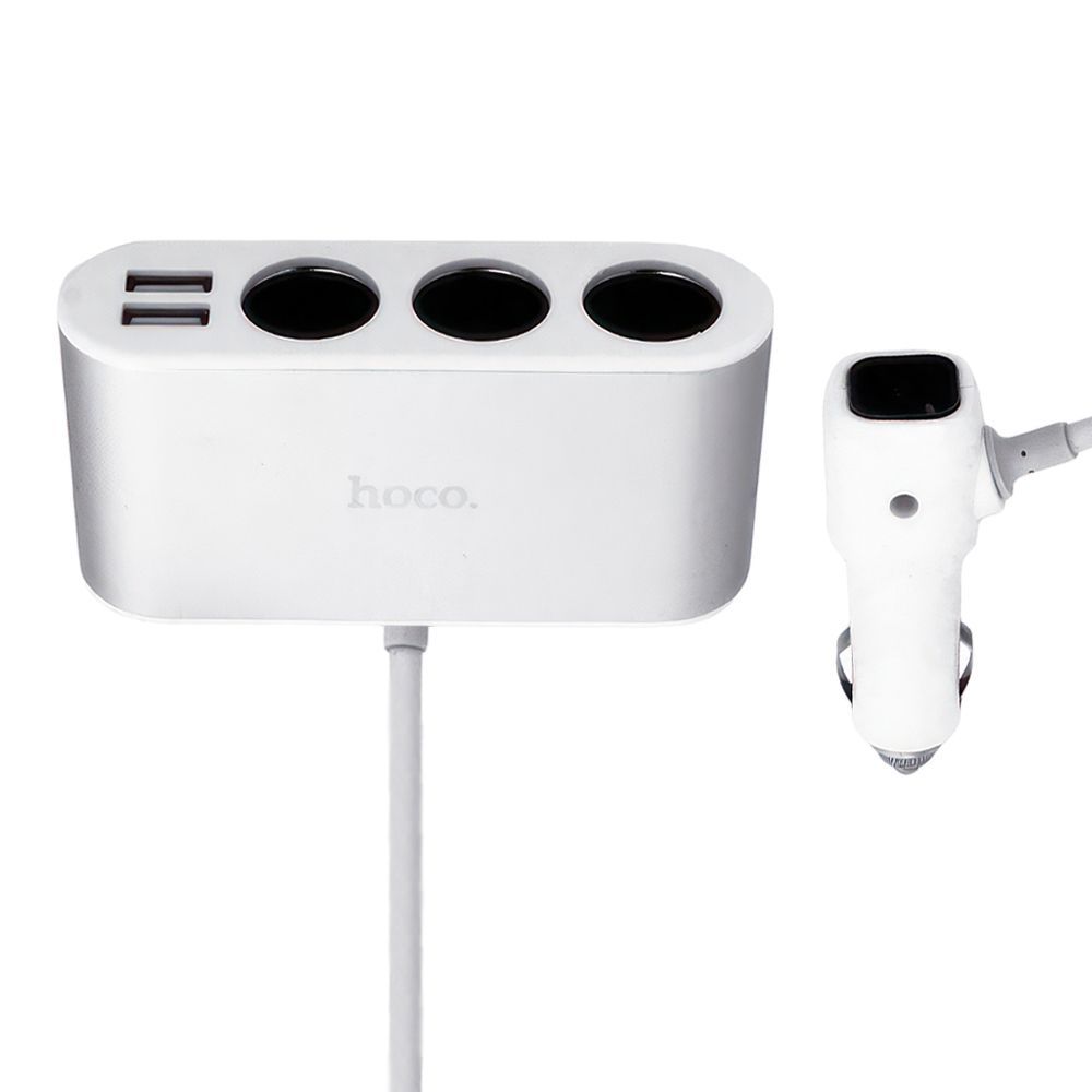 АЗУ разветвитель прикуривателя HOCO Z13 2xUSB, 3.1А, LED дисплей, 3 гнезда прикуривателя, 0.55м (белый)