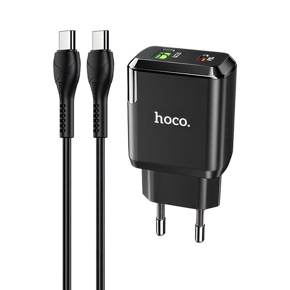 СЗУ HOCO N5 Favor 1xUSB, 1xUSB-C, 3А, PD20W, QC3.0 + USB-C кабель Type-C, 1м (черный)