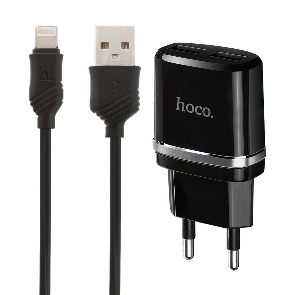 СЗУ HOCO C12 Smart 2xUSB, 2.4А + USB кабель Lightning 8-pin, 1м (черный)