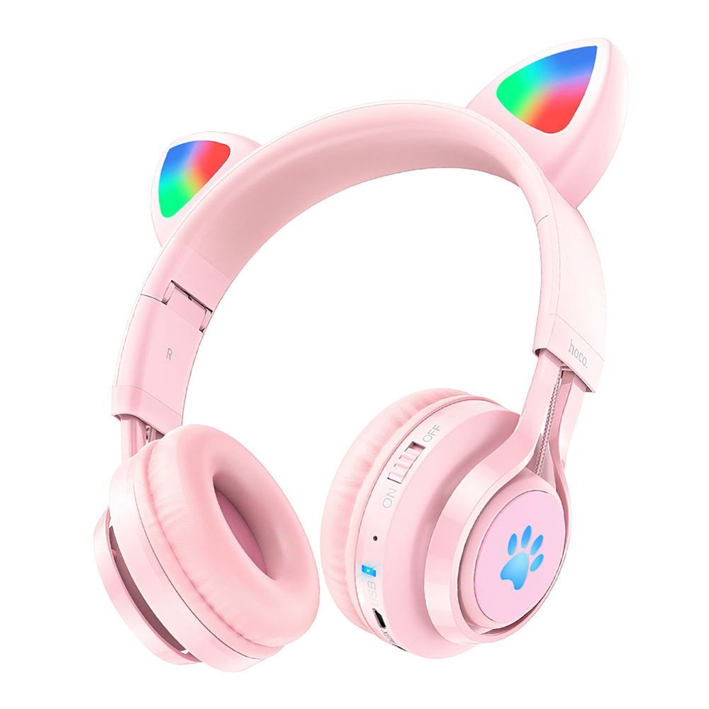 Bluetooth гарнитура HOCO W39 Cat Ear Kids BT 5.3, AUX, накладная, громкость +/-, LED, "ушки" (розовый)