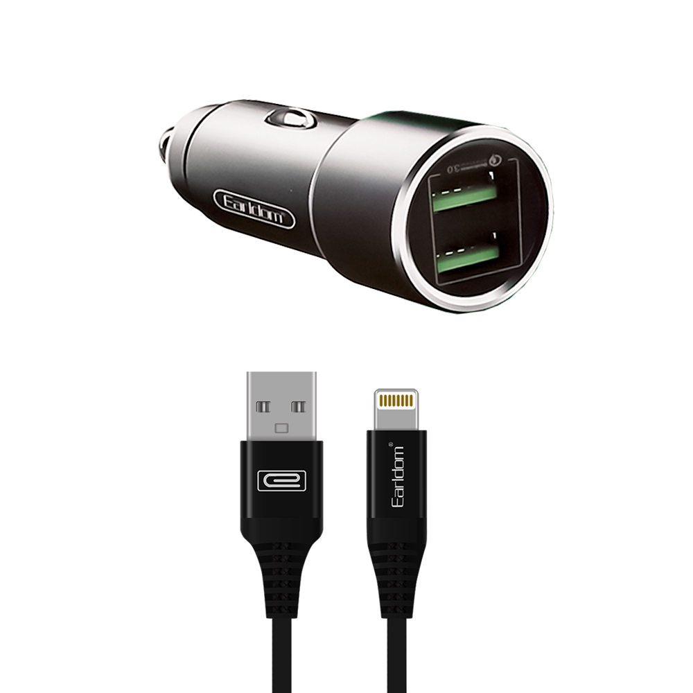 АЗУ Earldom ES-KC3I 2xUSB, QC 3.0 3A + кабель Lightning 8-pin, 1м (серый)