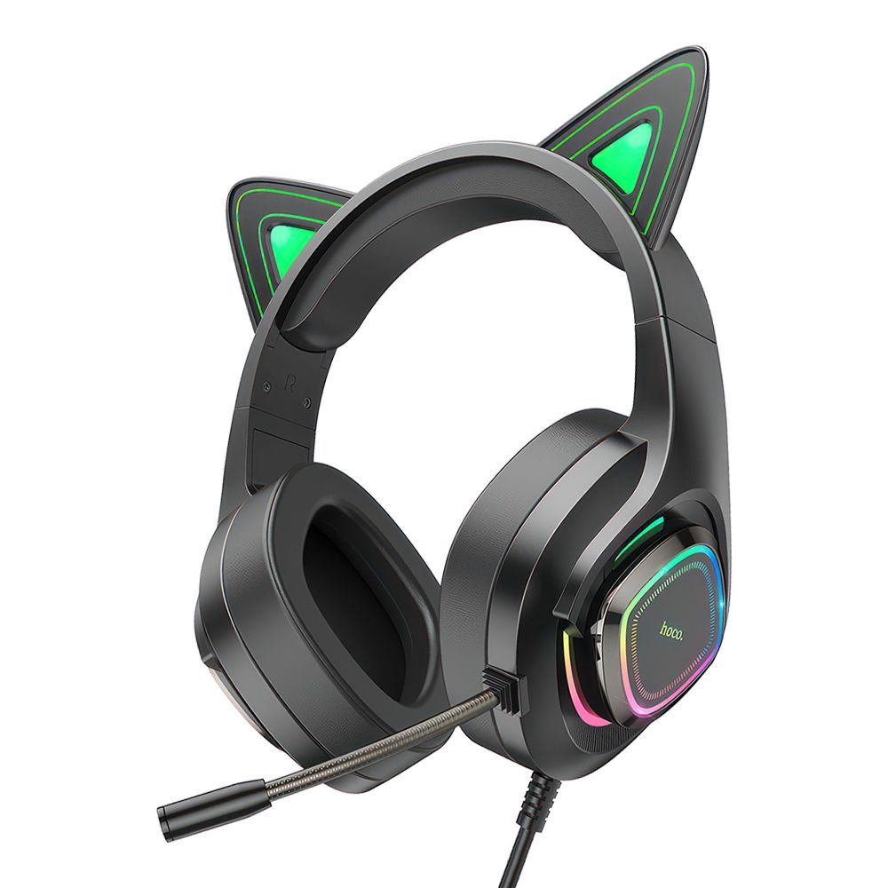 Гарнитура игровая HOCO W107 Cute Cat 3.5мм, USB, накладная, громкость +/-, +адаптер 2х3.5мм, LED, 1.2м (черный/зеленый)