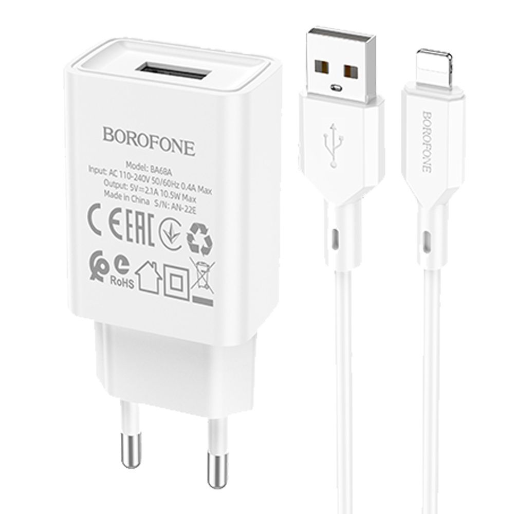 СЗУ BOROFONE BA68A Glacier 1xUSB, 2.1А + кабель Lightning 8-pin, 1м (белый)