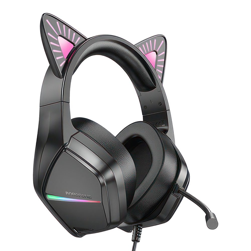 Гарнитура игровая BOROFONE BO106 Cute Cat 3.5мм, USB, накладная, 2м (черный/сиреневый)