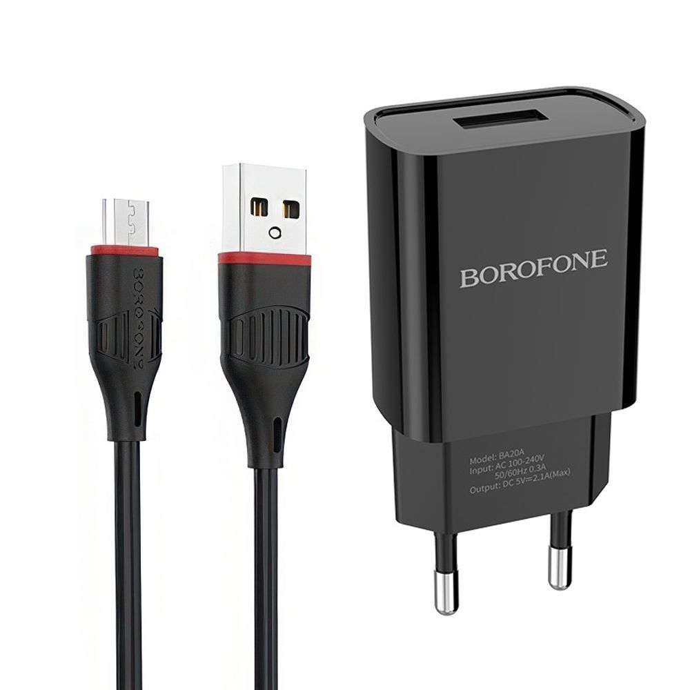 СЗУ BOROFONE BA20A Sharp 1xUSB, 2.1А + кабель MicroUSB, 1м (черный)