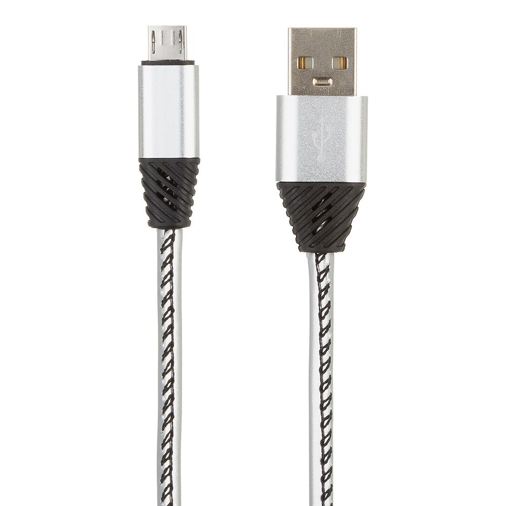 USB кабель "LP" Micro USB Кожаная оплетка 1м. (серебряный/европакет)