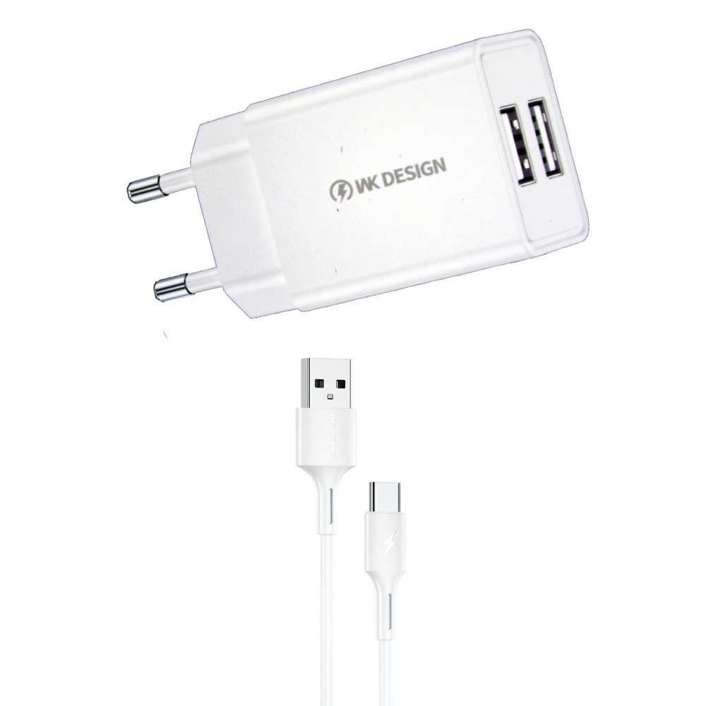 СЗУ WK WP-U119a 2xUSB, 2А + кабель USB Type-C, 1м (белый)