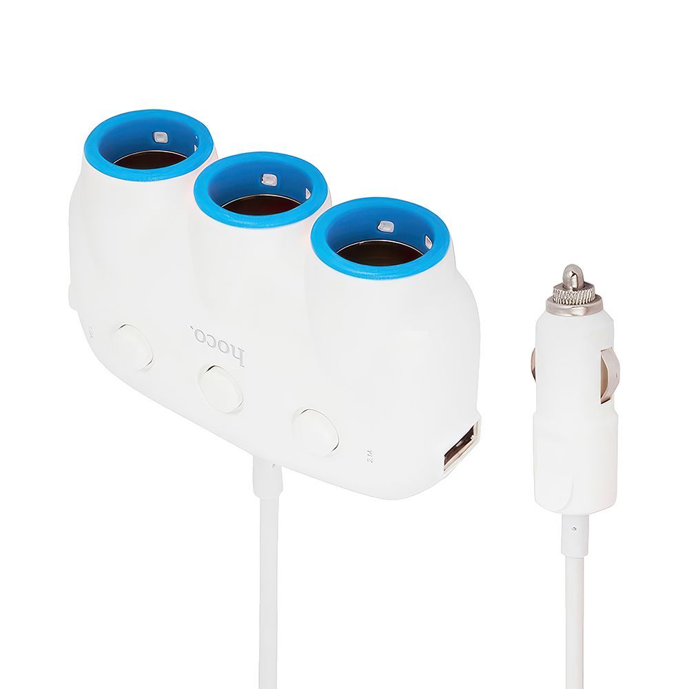 АЗУ разветвитель прикуривателя HOCO C1 2xUSB, 3.1А, 3 гнезда прикуривателя, 0.55м (белый)