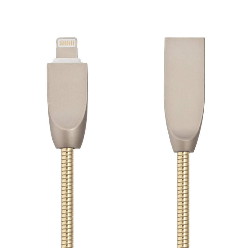 USB кабель "LP" для Apple Lightning 8-pin "Панцирь" в металлической оплетке (золотой/коробка)