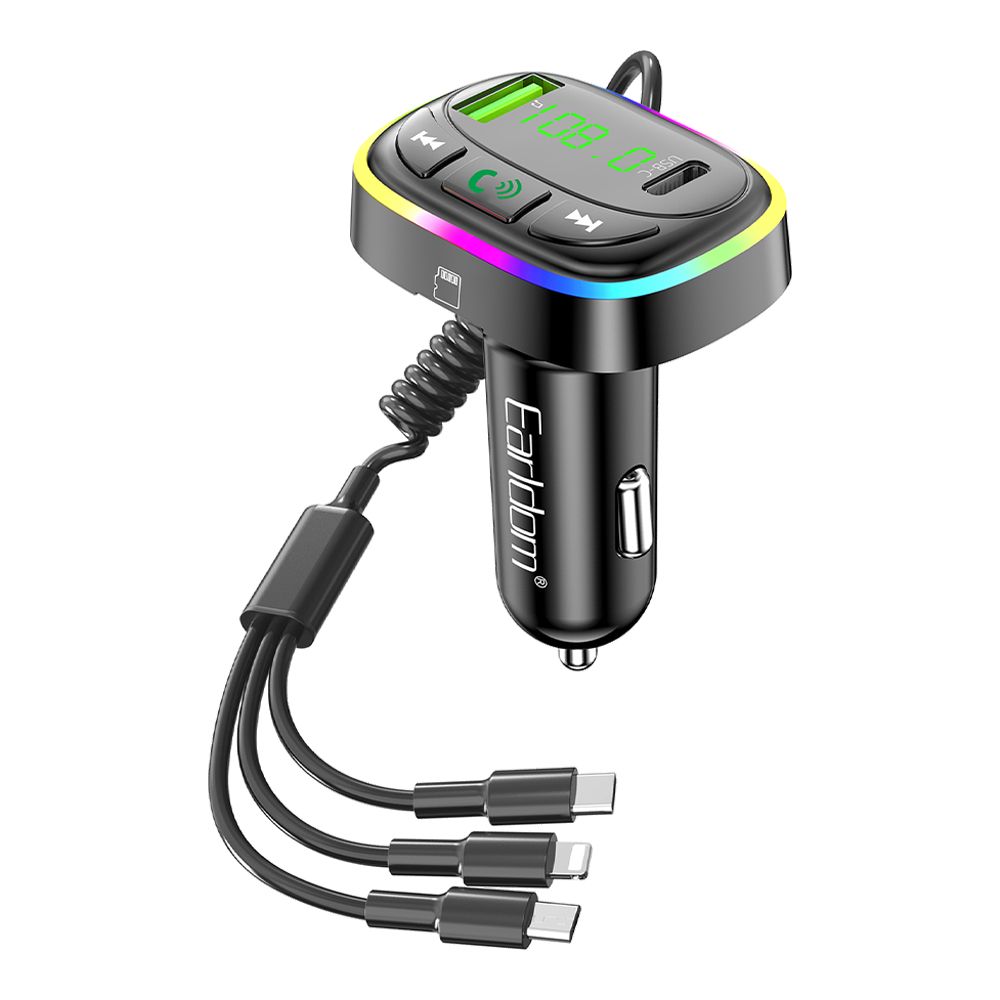 АЗУ Earldom ET-M105 1xUSB, 1xUSB-C QC3.0, 3.1A, BT 5.0, USB flash, MicroSD, LED дисплей, FM, кабель 3 в 1