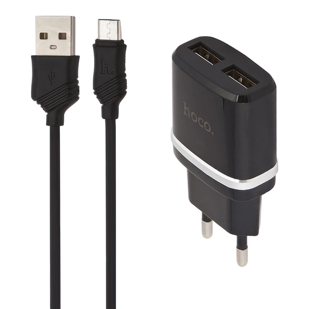 СЗУ HOCO C12 Smart 2xUSB, 2.4А + USB кабель MicroUSB, 1м (черный)