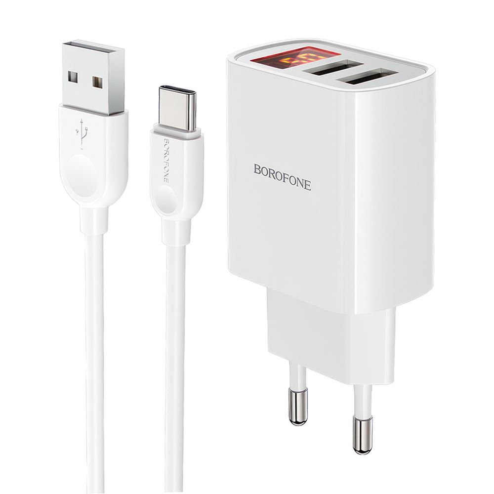 СЗУ BOROFONE BA58A Mighty 2xUSB, 2.4А, LED дисплей + кабель USB Type-C, 1м (белый)