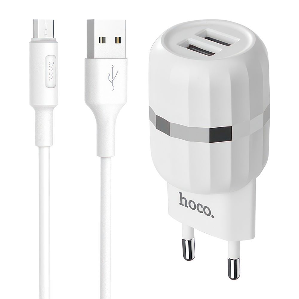 СЗУ HOCO C41A Wisdom 2xUSB, 2.4А + USB кабель MicroUSB, 1м (белый)