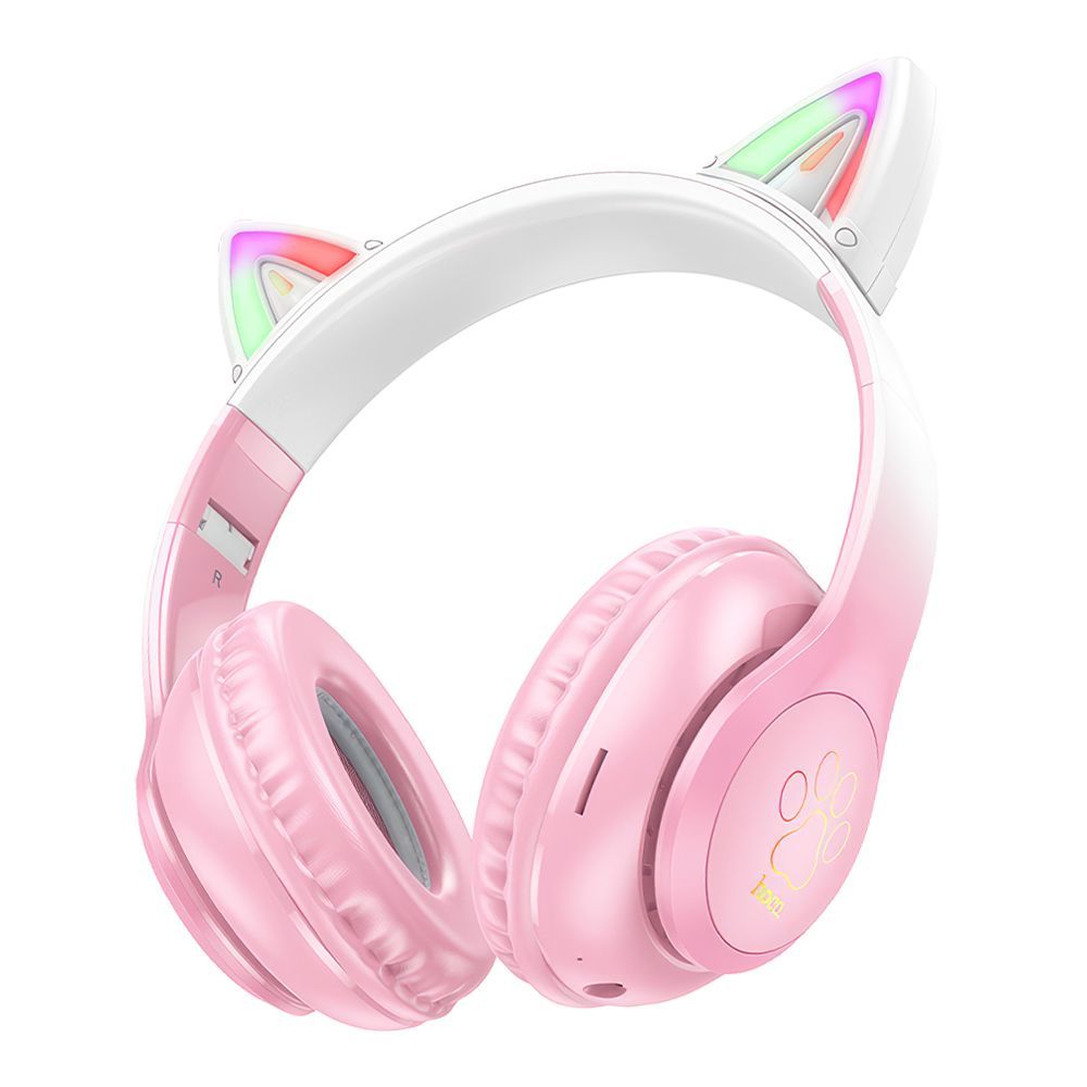 Bluetooth гарнитура HOCO W42 Cat Ears BT 5.3, AUX, накладная, громкость +/-, LED, "ушки" (розовый)