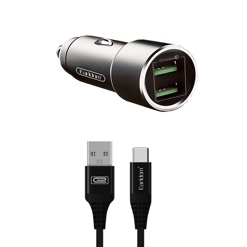 АЗУ Earldom ES-KC3C 2xUSB, QC 3.0 3A + кабель Type-C, 1м (серый)