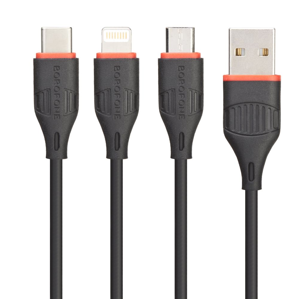 USB кабель BOROFONE BX17 Enjoy Lightning 8-pin/MicroUSB/Type-C, 2.4А, 3в1, 1м, PVC (черный)