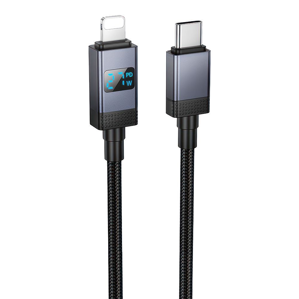 USB-C кабель HOCO X118 Generous Lightning 8-pin, PD27W, LED дисплей, 1м, нейлон (черный)