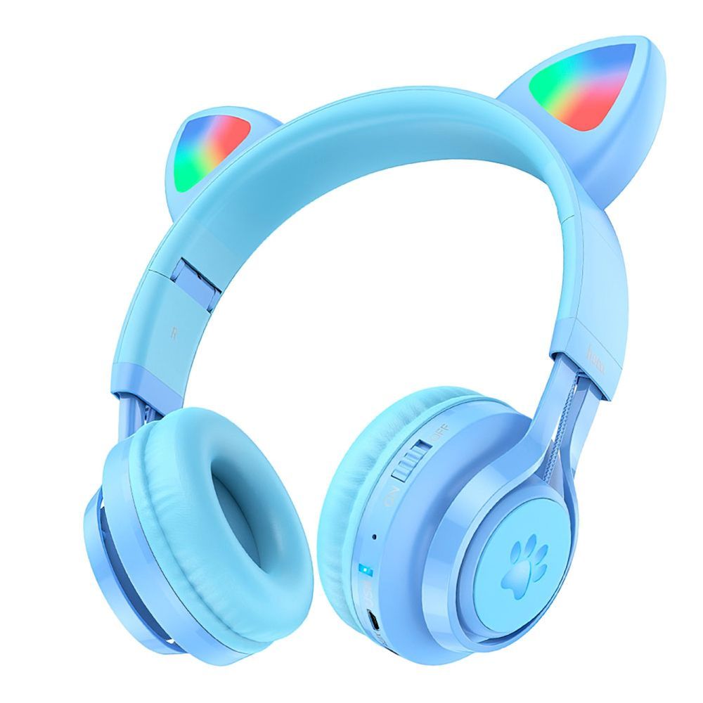 Bluetooth гарнитура HOCO W39 Cat Ear Kids BT 5.3, AUX, накладная, громкость +/-, LED, "ушки" (синий)