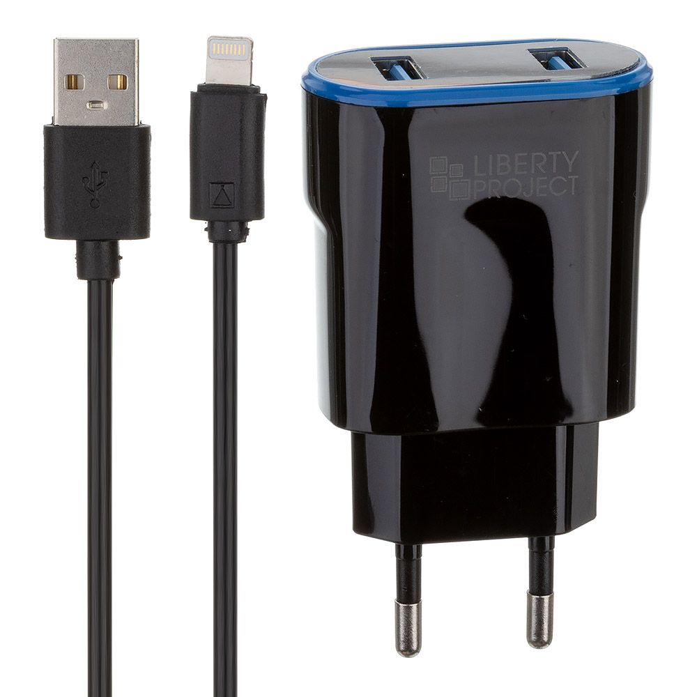 СЗУ "LP" с двумя выходами USB 2.4А + кабель Apple Lightning 8-pin "Classic Plus" (черное/коробка)