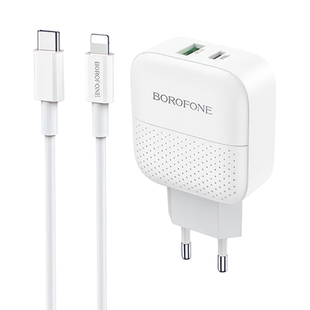 СЗУ BOROFONE BA46A Premium 1xUSB, 1xUSB-C, 3А, PD18W, QC3.0 + USB-C кабель Lightning 8-pin, 1м (белый)