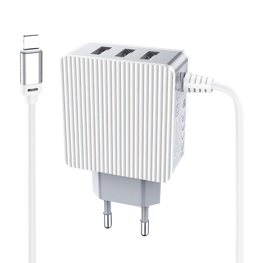 СЗУ BOROFONE BA42A Joyful 3xUSB 3.1А, интегрированный кабель Lightning 8-pin, 1м (белый)