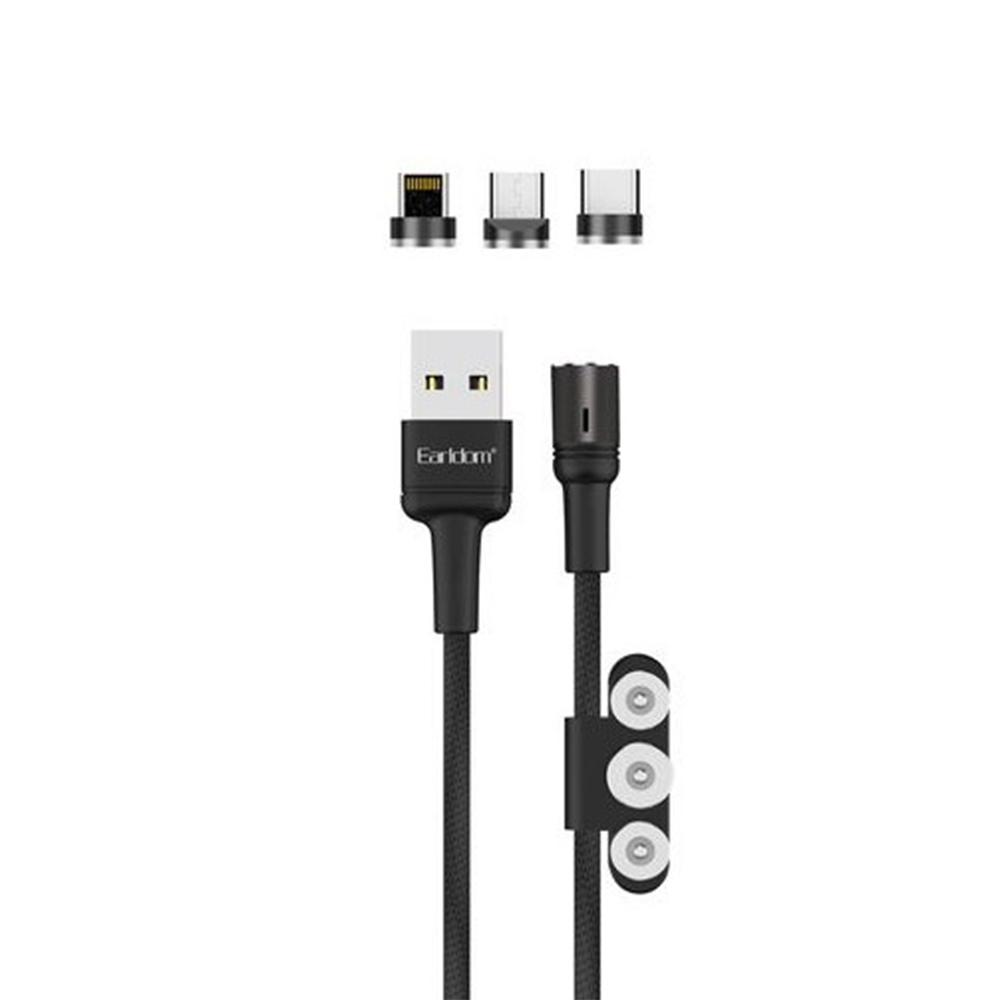 USB кабель Earldom EC-IMC022 Lightning 8-pin/MicroUSB/Type-C, 2.4А, магнитный, LED, 3в1, 1м, нейлон (черный)