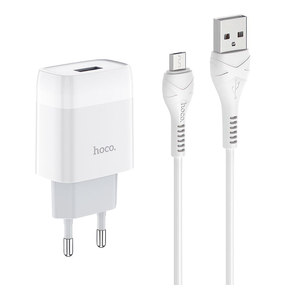 СЗУ HOCO C72A Glorious 1xUSB, 2.1А + USB кабель MicroUSB, 1м (белый)