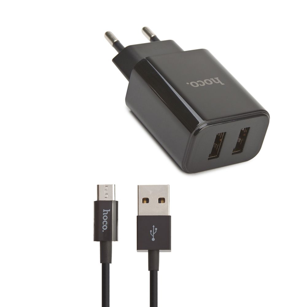 СЗУ HOCO C62A Victoria 2xUSB, 2.1А + USB кабель MicroUSB, 1м (черный)