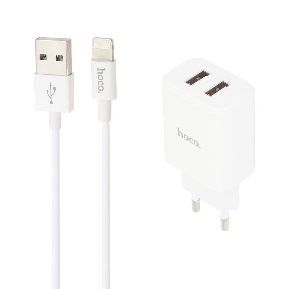 СЗУ HOCO C62A Victoria 2xUSB, 2.1А + USB кабель Lightning 8-pin, 1м (белый)