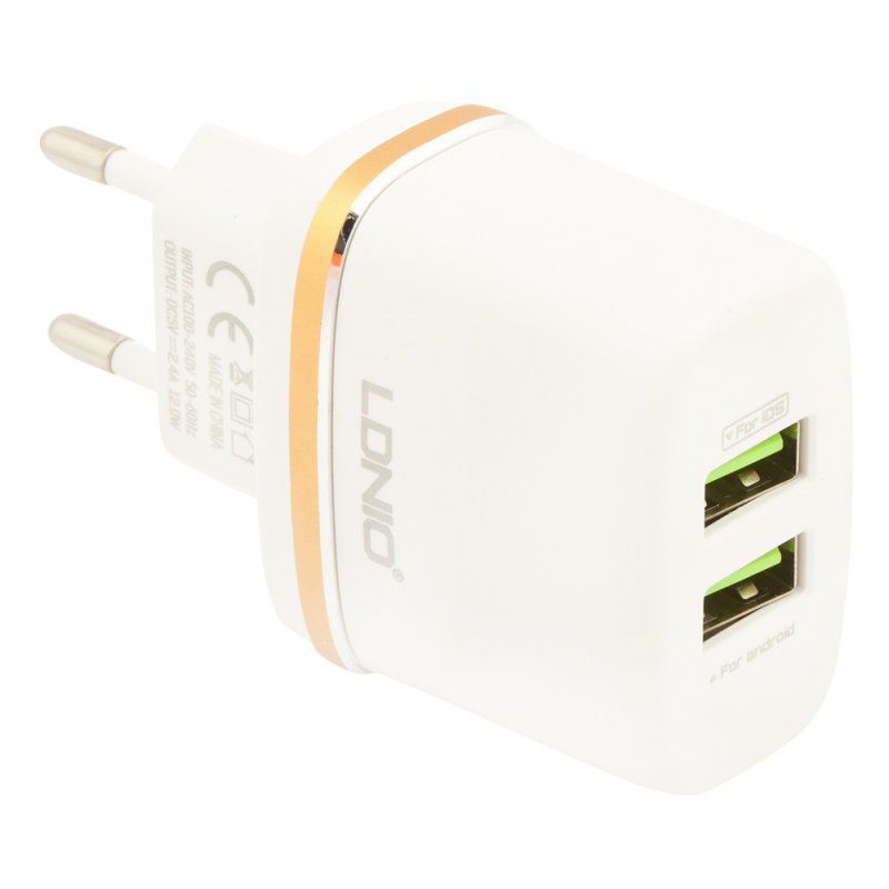 СЗУ "LDNIO" 2 USB выхода 2.4А + кабель Apple Lightning 8-pin DL-AC52 (коробка)