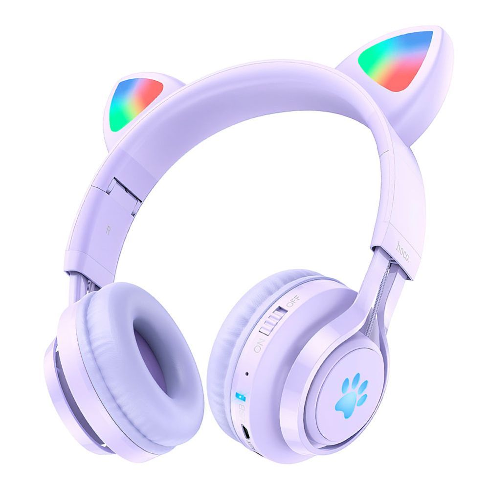 Bluetooth гарнитура HOCO W39 Cat Ear Kids BT 5.3, AUX, накладная, громкость +/-, LED, "ушки" (сиреневый)