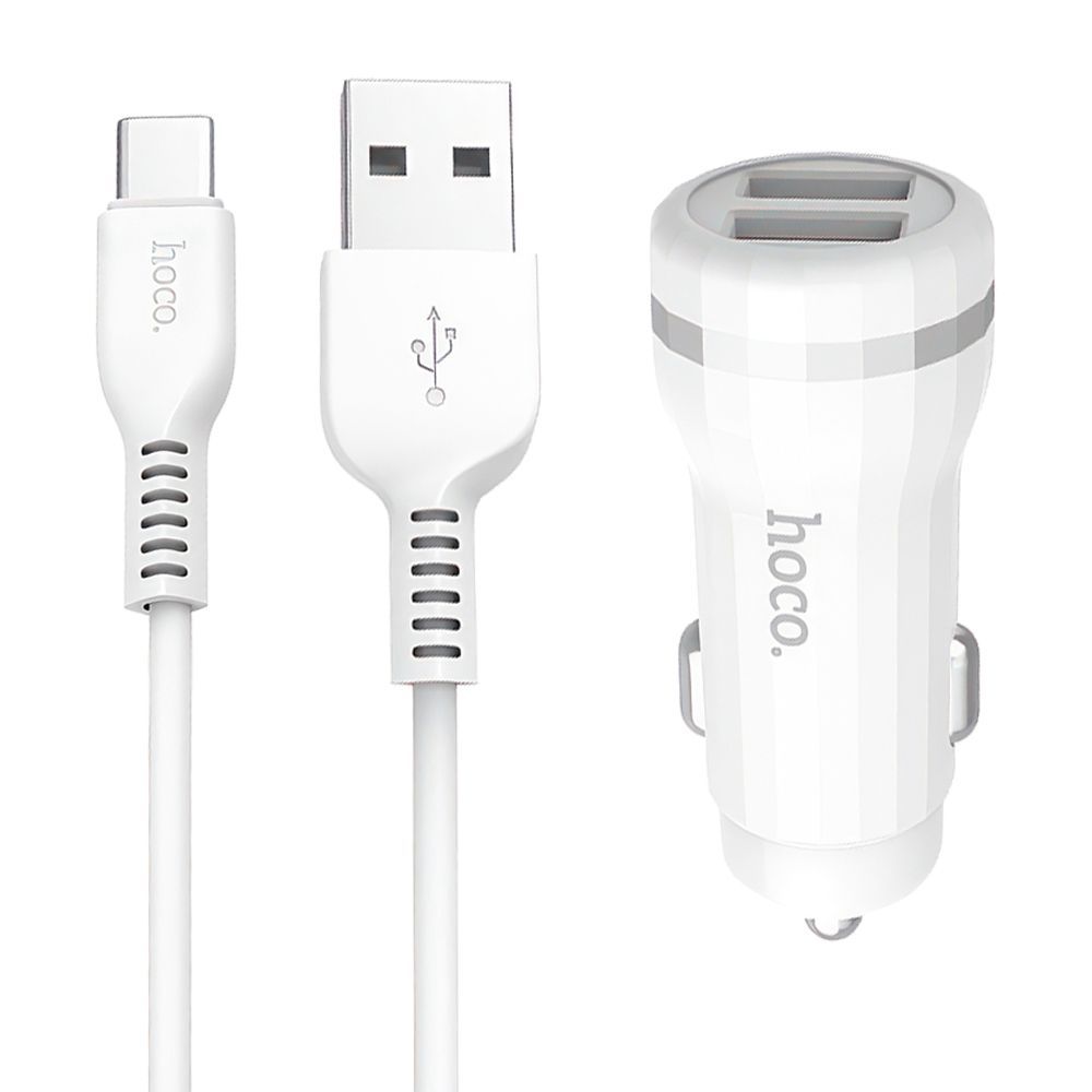 АЗУ HOCO Z27 Staunch 2xUSB, 2.4А + USB кабель Type-C, 1м (белый)