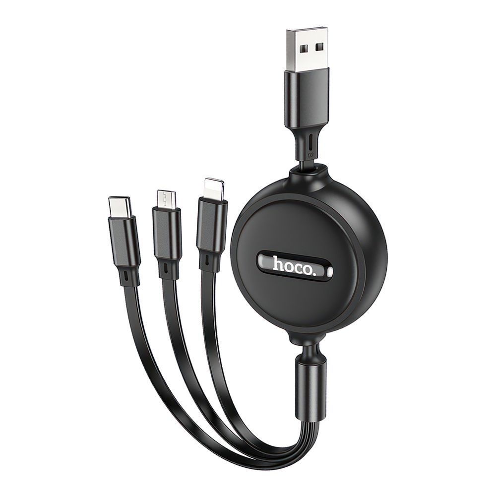 USB кабель HOCO X75 Lightning 8-pin/MicroUSB/Type-C, 3в1, 1м, рулетка, TPE (черный)