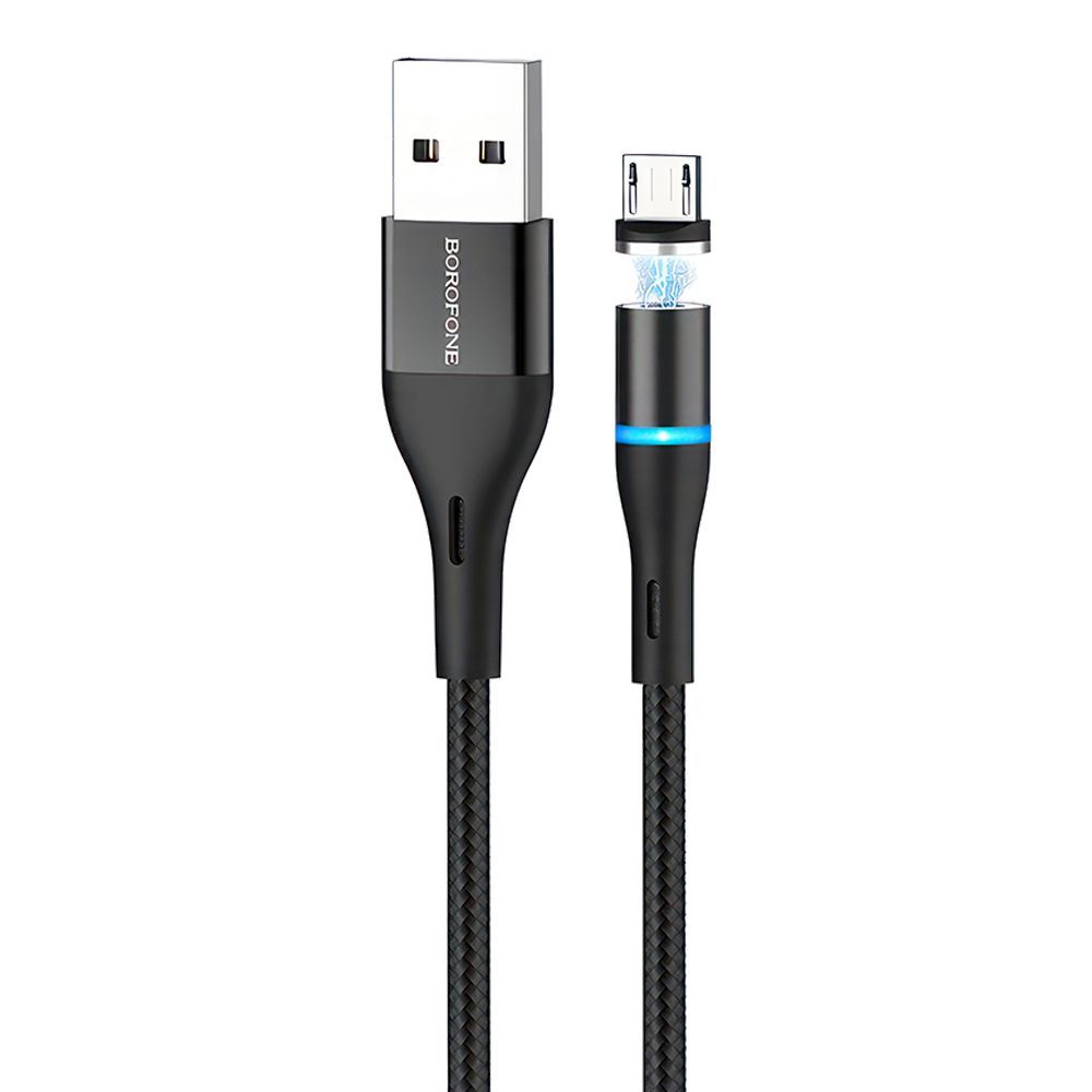 USB кабель BOROFONE BU16 Skill MicroUSB, 2.4А, LED, магнитный, 1.2м, нейлон (черный)