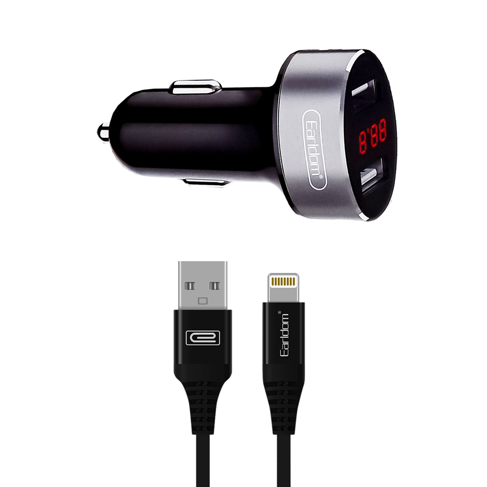 АЗУ Earldom ES-121I 2xUSB, 2.1A, LED дисплей + кабель Lightning 8-pin, 1м (черный)