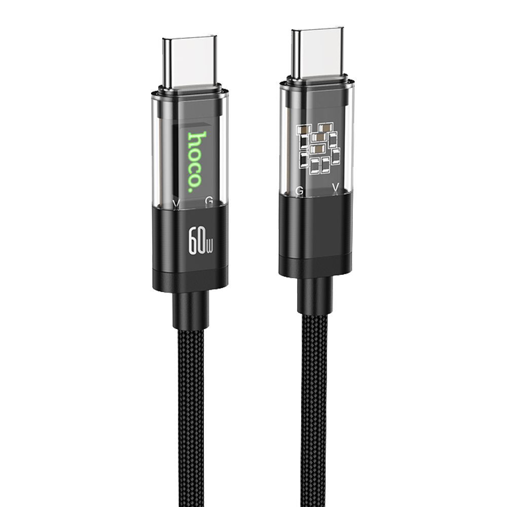 USB-C кабель HOCO U116 Crystal Type-C, 3А, PD60W, LED, 1м, нейлон (черный)