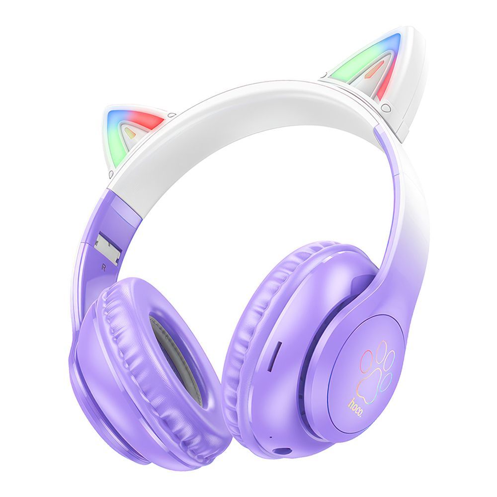 Bluetooth гарнитура HOCO W42 Cat Ears BT 5.3, AUX, накладная, громкость +/-, LED, "ушки" (сиреневый)