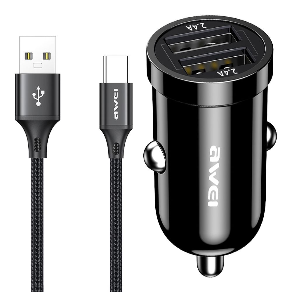 АЗУ AWEI C-826T 2xUSB, 2.4А + USB кабель Type-C, 1м (черный)