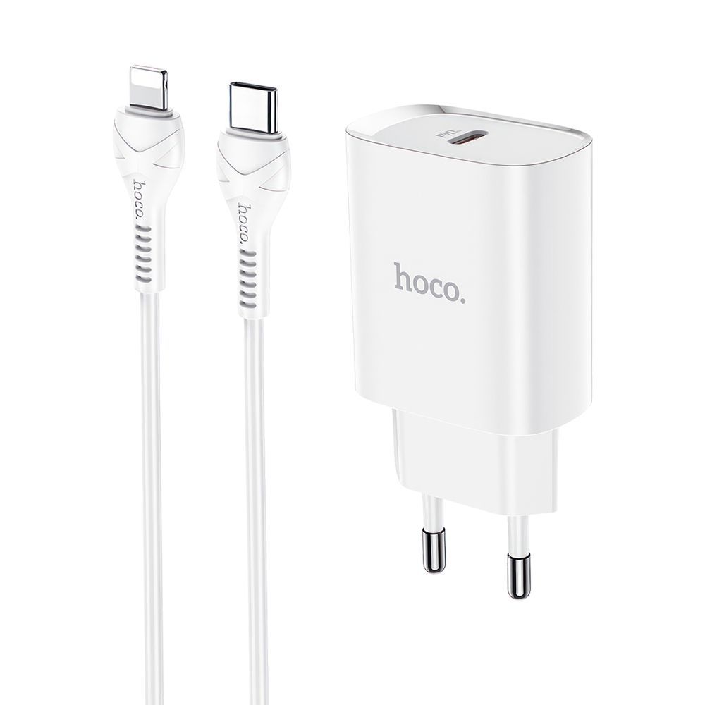СЗУ HOCO N14 1xUSB-C, 3А, PD20W + USB-C кабель Lightning 8-pin, 1м (белый)
